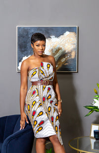 African Print Asymmetric Tube Fold Over Strapless Midi Dress - PAMELA