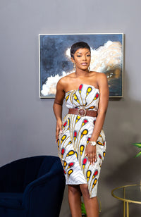 African Print Asymmetric Tube Fold Over Strapless Midi Dress - PAMELA