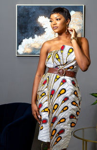 African Print Asymmetric Tube Fold Over Strapless Midi Dress - PAMELA