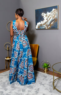 Ankara Wax Print Deep V Neck Maxi Dress with Waist Bands - GEMMA