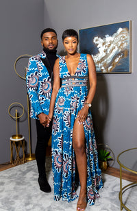 Ankara Wax Print Deep V Neck Maxi Dress with Waist Bands - GEMMA