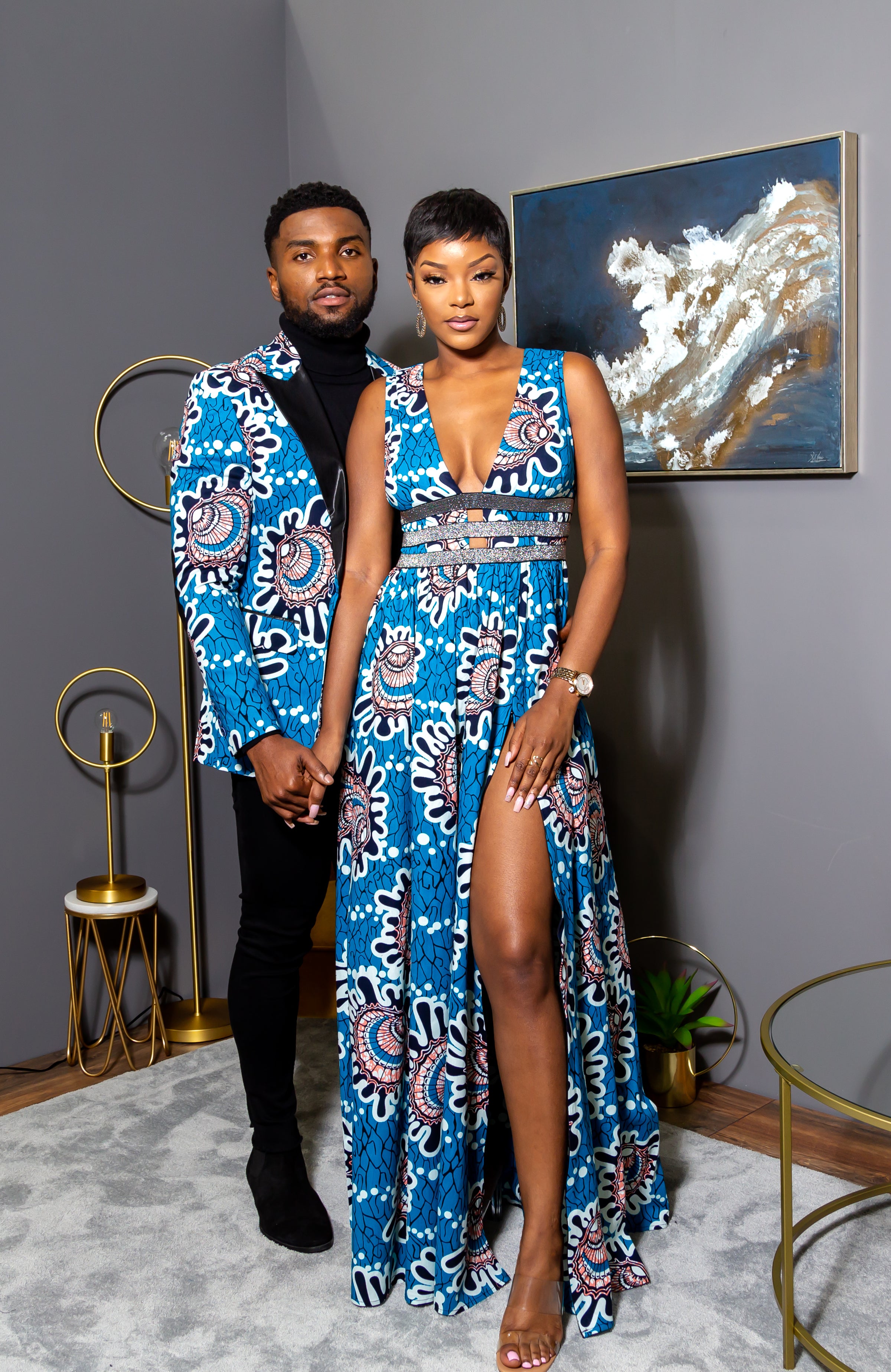 Ankara Wax Print Deep V Neck Maxi Dress with Waist Bands - GEMMA