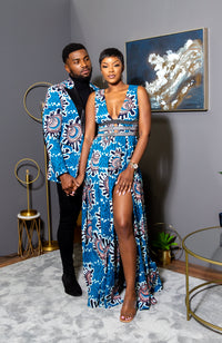 Ankara Wax Print Deep V Neck Maxi Dress with Waist Bands - GEMMA