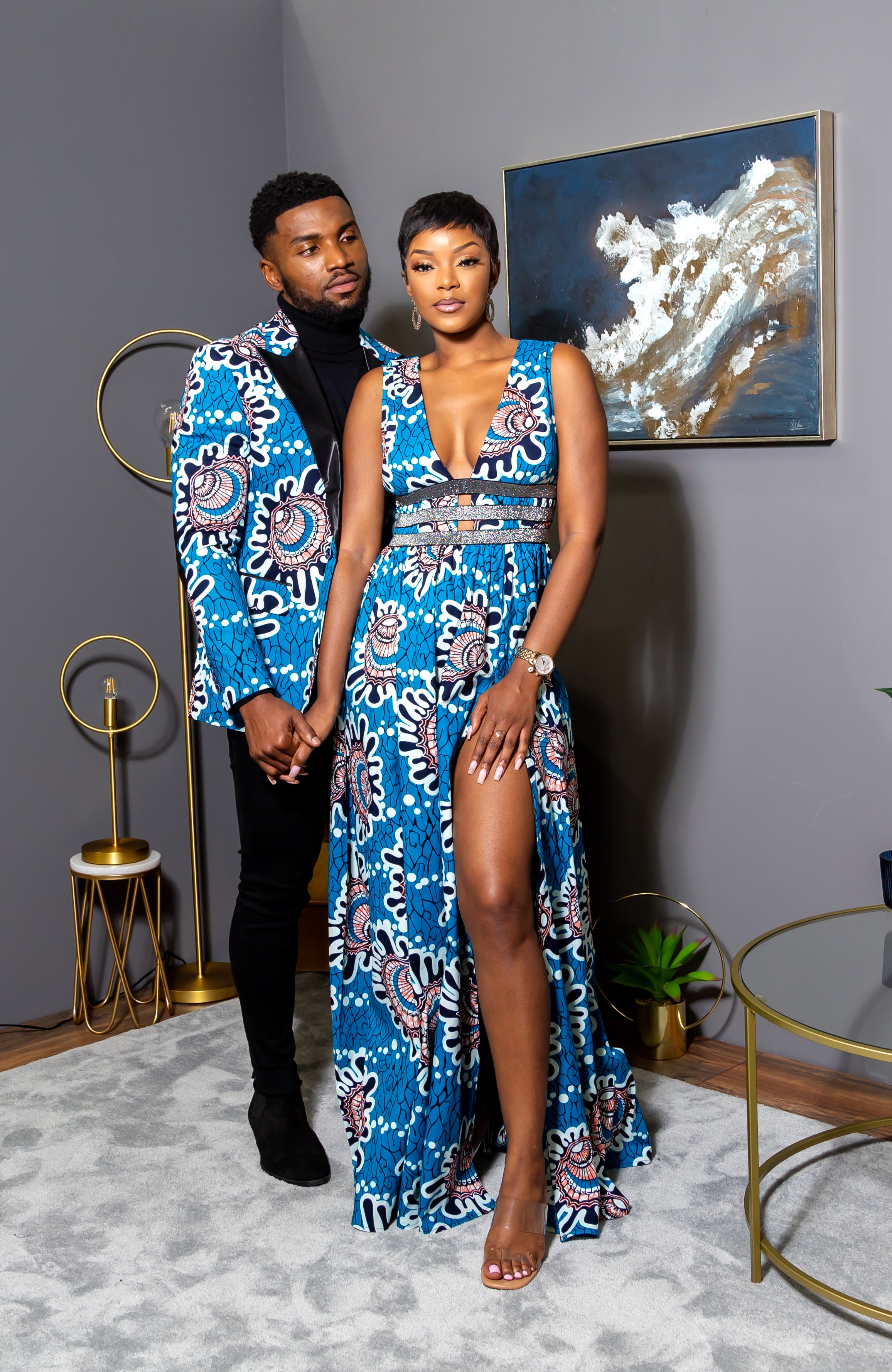 Ankara Wax Print Deep V Neck Maxi Dress with Waist Bands - GEMMA