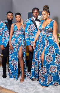 Ankara Wax Print Deep V Neck Maxi Dress with Waist Bands - GEMMA
