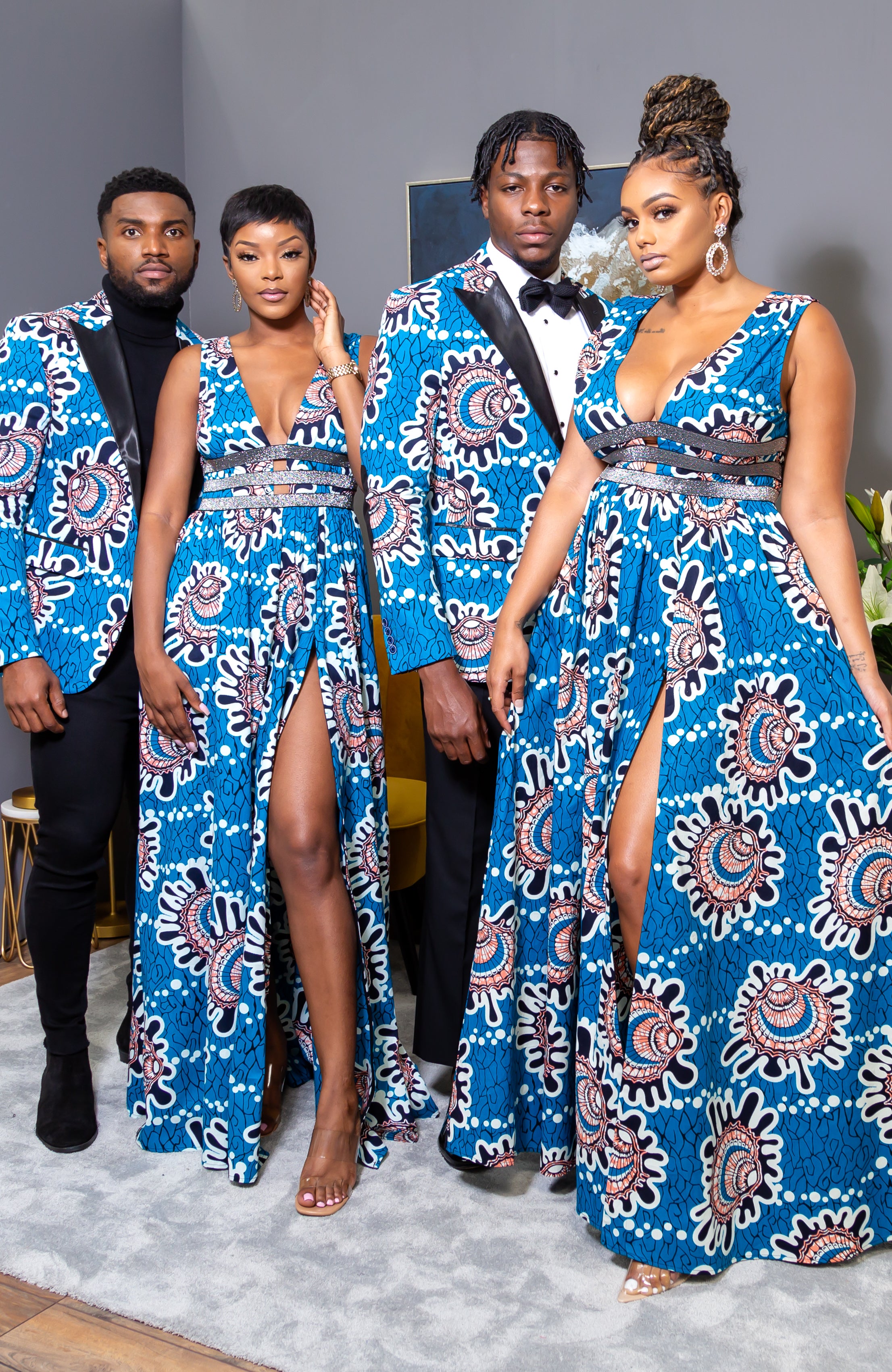 Ankara Wax Print Deep V Neck Maxi Dress with Waist Bands - GEMMA