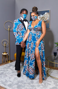 Ankara Wax Print Deep V Neck Maxi Dress with Waist Bands - GEMMA