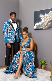 Ankara Wax Print Deep V Neck Maxi Dress with Waist Bands - GEMMA