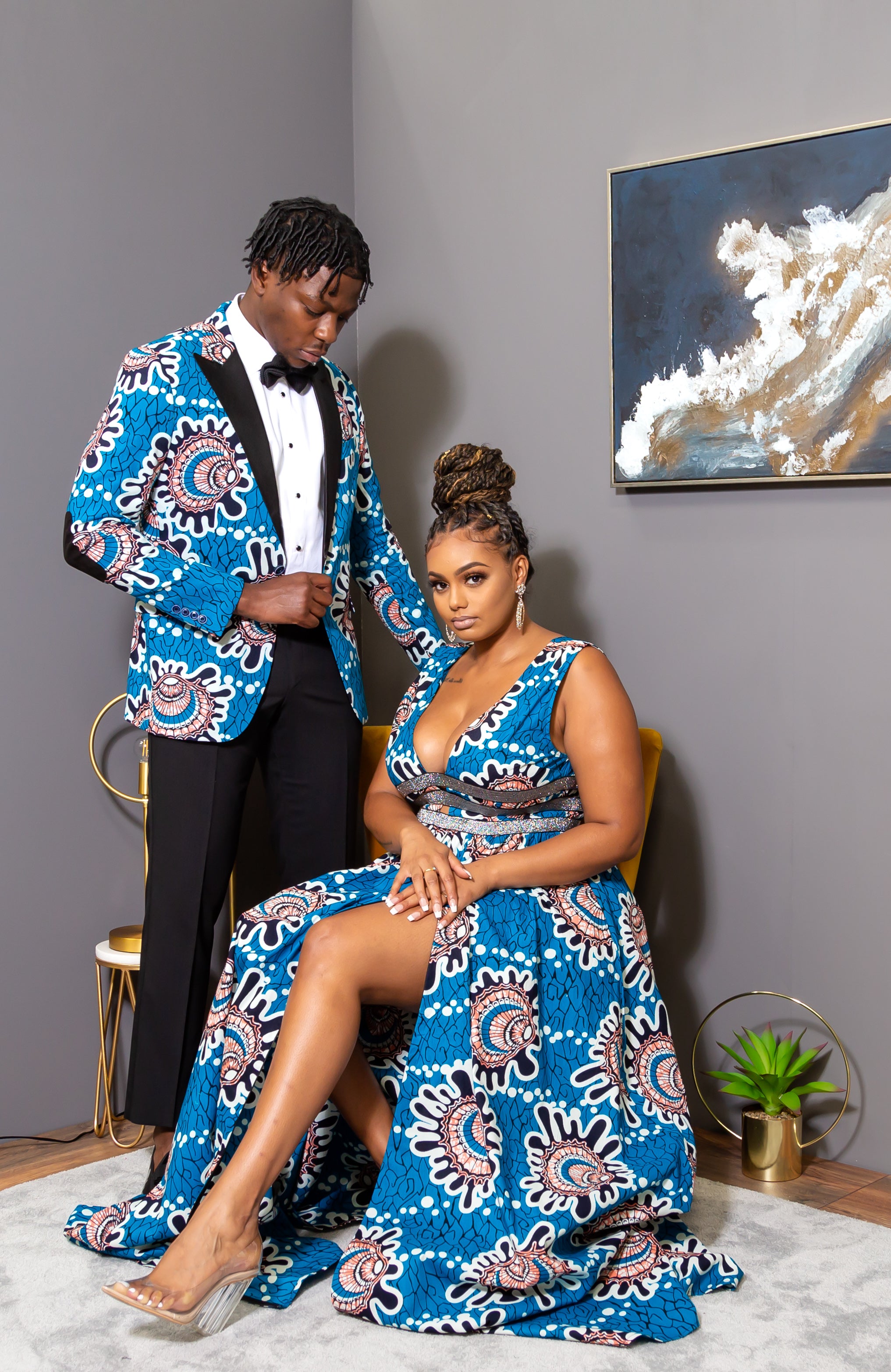 Ankara Wax Print Deep V Neck Maxi Dress with Waist Bands - GEMMA