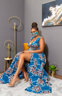 Ankara Wax Print Deep V Neck Maxi Dress with Waist Bands - GEMMA