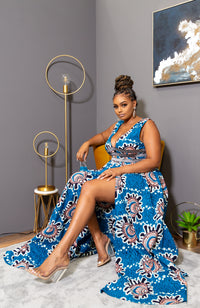 Ankara Wax Print Deep V Neck Maxi Dress with Waist Bands - GEMMA