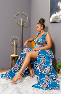 Ankara Wax Print Deep V Neck Maxi Dress with Waist Bands - GEMMA