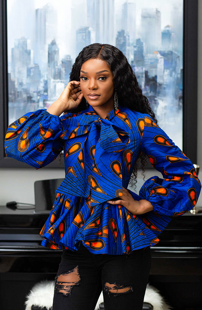 African Print Pussybow Peplum blouse - ELLA