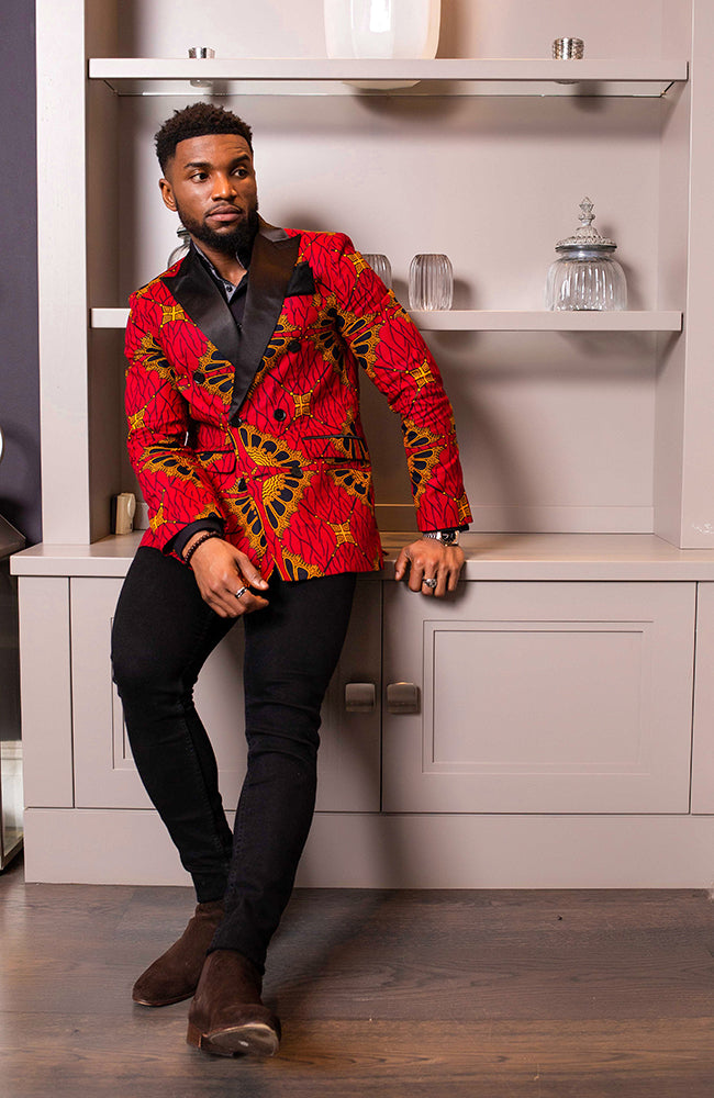 African Blazers for Men - Tailored Fit Double Breasted African Print Formal Blazer - CHARLES