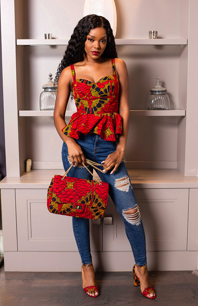 Ankara African Print Sleeveless Corset Peplum Red Blouse