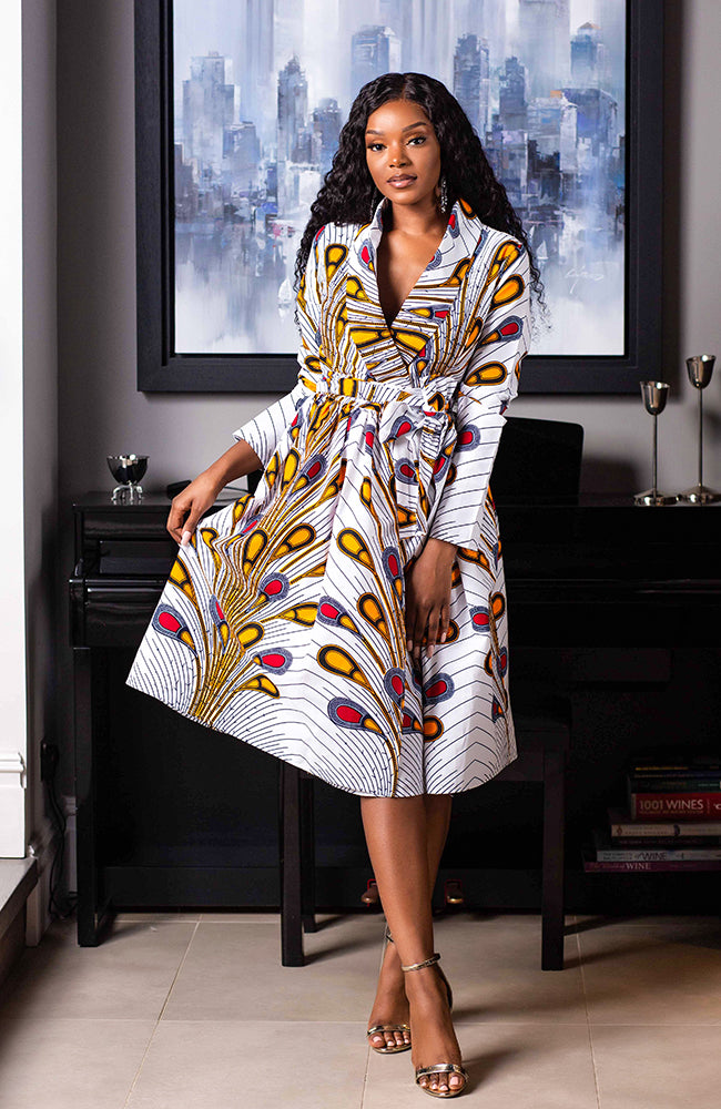 Laviye African Print Midi Dress - African Print V-Neck Wrap Dress Fit and Flare - Pamela