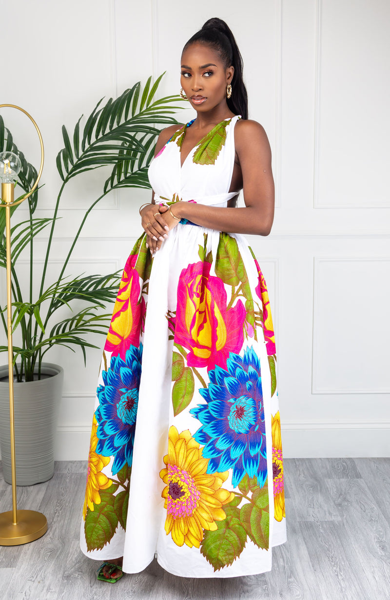 African Print White Floral Infinity Multiway Maxi Dress - THALIA