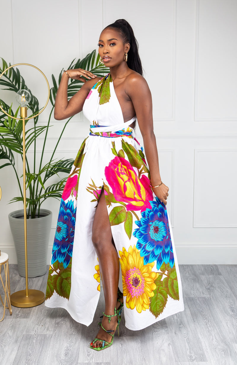 African Print White Floral Infinity Multiway Maxi Dress - THALIA