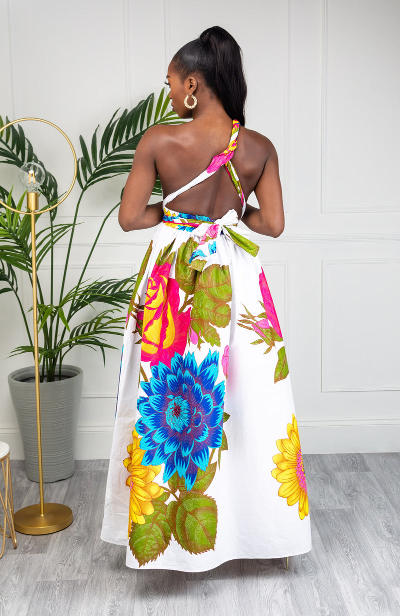 African Print White Floral Infinity Multiway Maxi Dress - THALIA