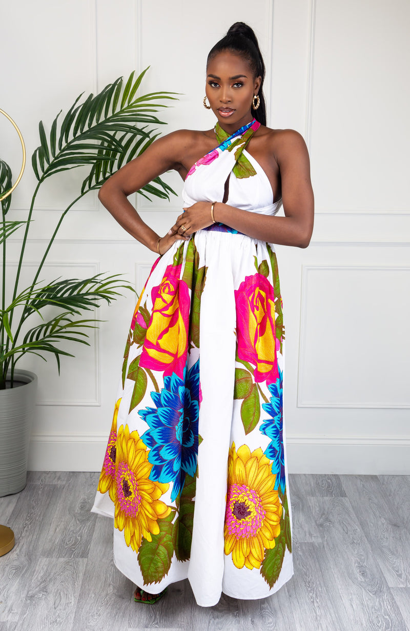 African Print White Floral Infinity Multiway Maxi Dress - THALIA