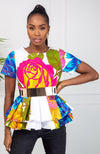 White Floral Ankara Print Short Sleeved Peplum Blouse - THALIA