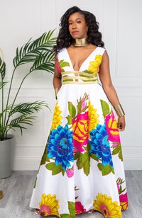 African Print Plunge Neckline Maxi Dress - THALIA