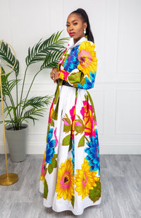 African Print White Floral Pussy-bow Maxi Dress - THALIA