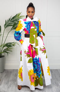 African Print White Floral Pussy-bow Maxi Dress - THALIA