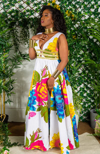 African Print Plunge Neckline Maxi Dress - THALIA