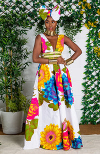 African Print Plunge Neckline Maxi Dress - THALIA