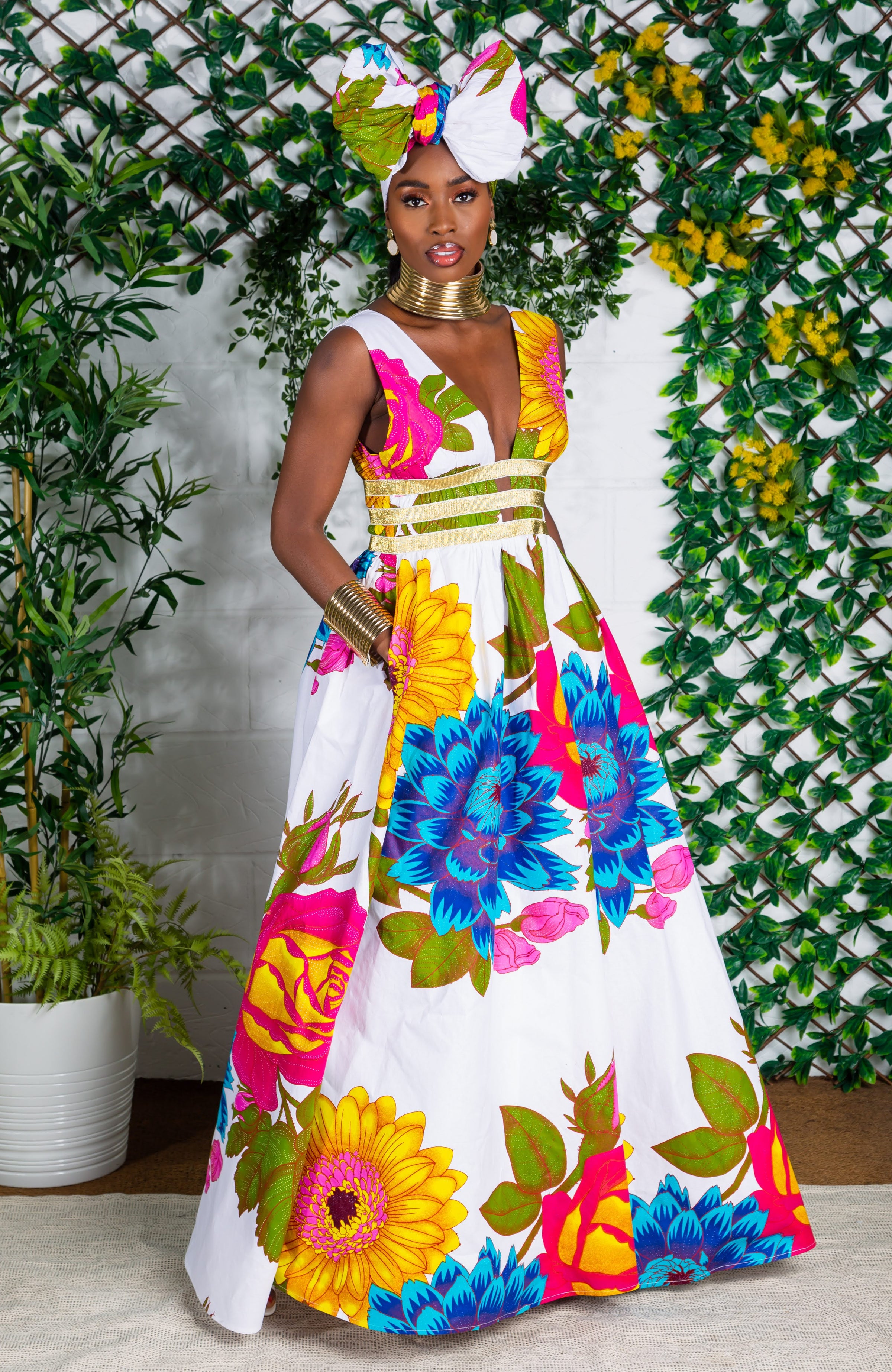 African Print Plunge Neckline Maxi Dress - THALIA