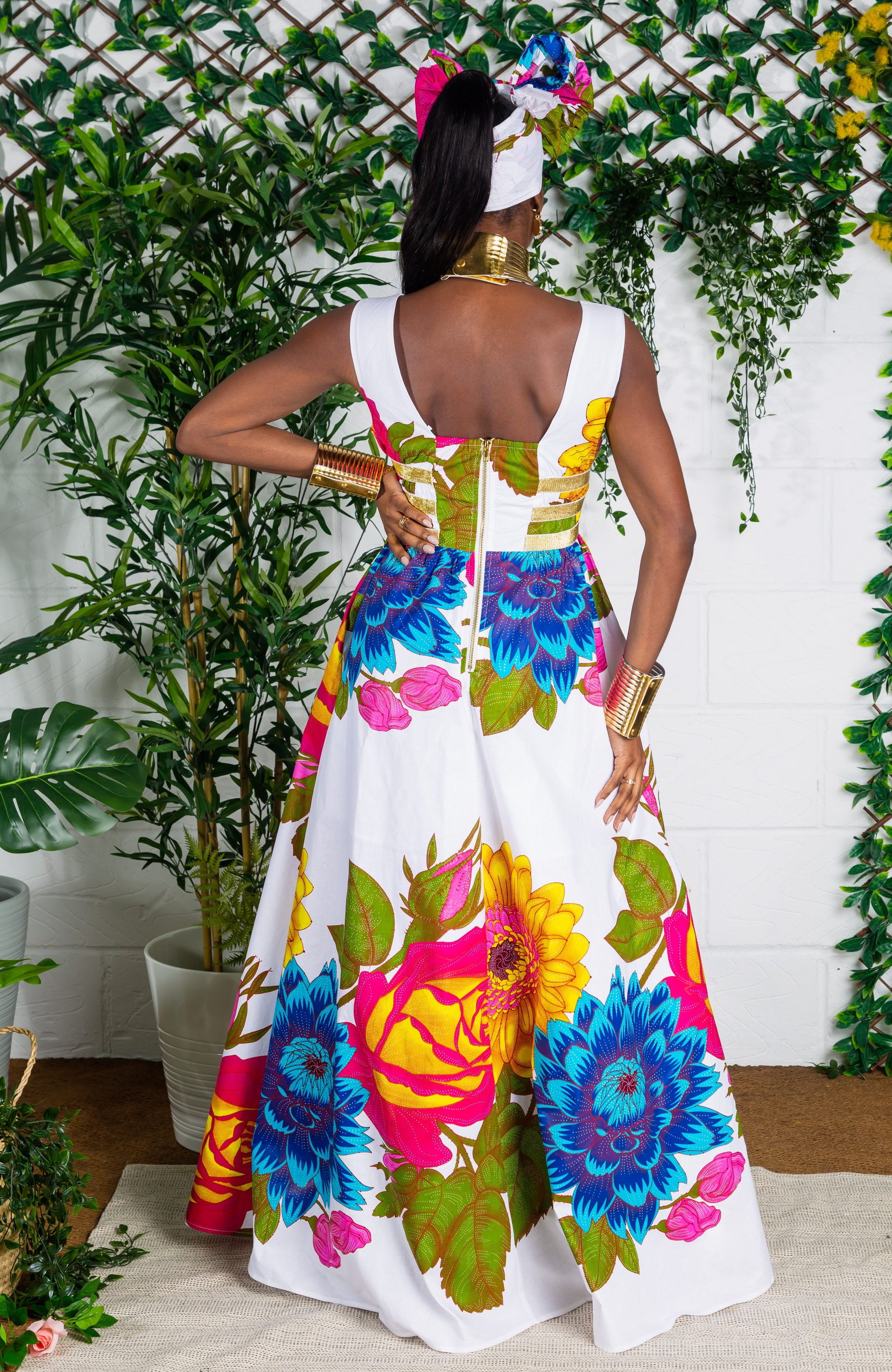 African Print Plunge Neckline Maxi Dress - THALIA
