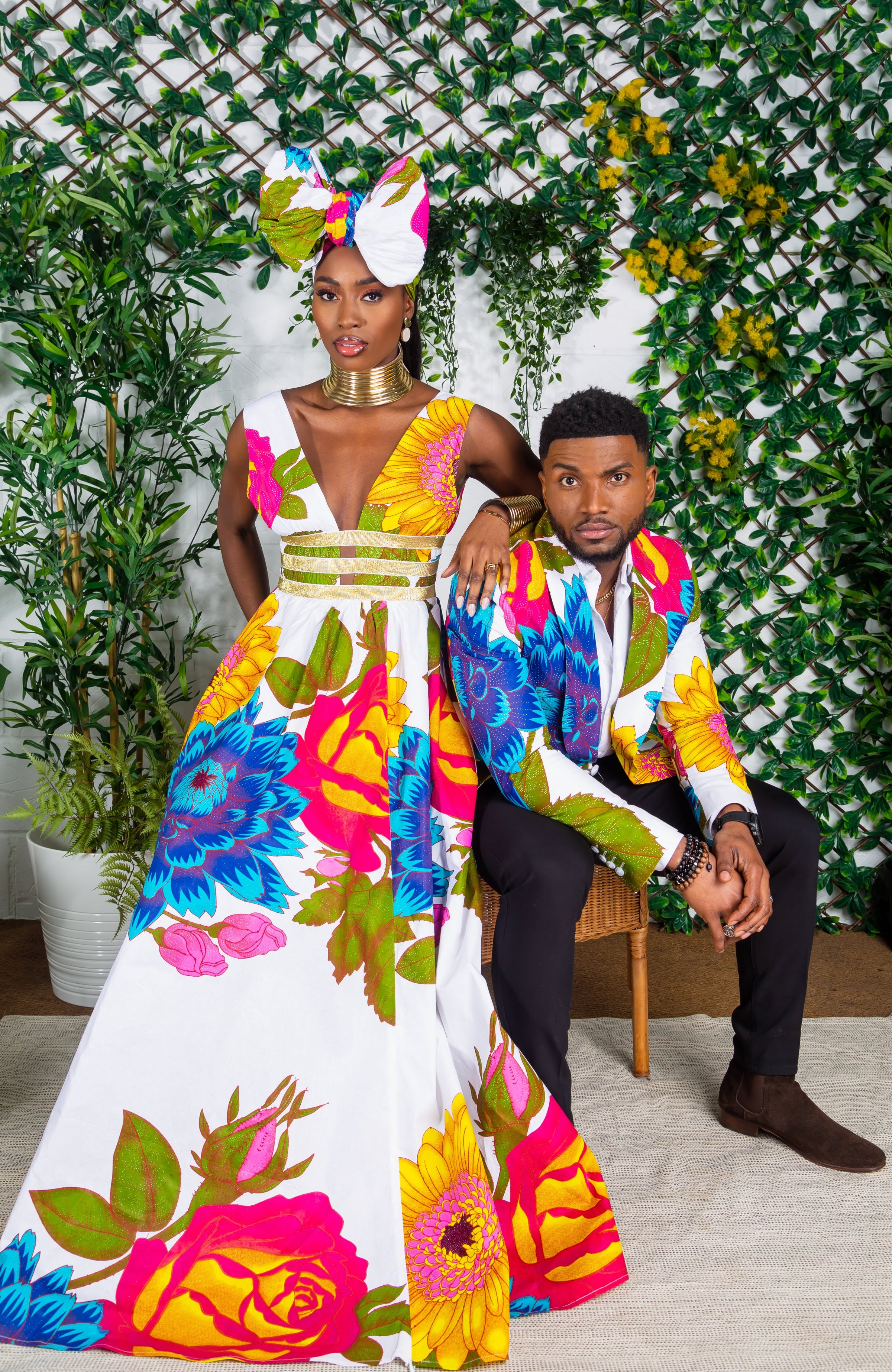 African Print Plunge Neckline Maxi Dress - THALIA