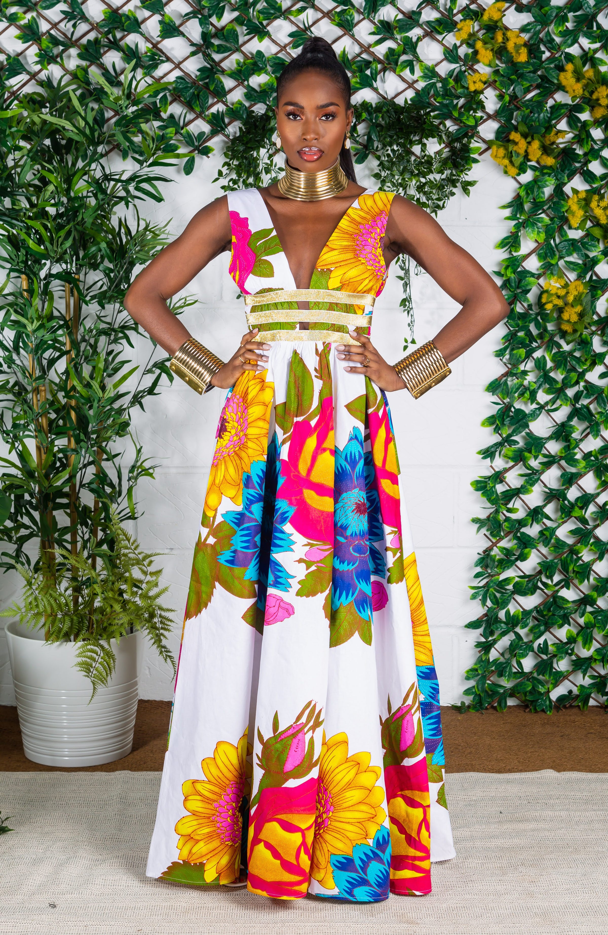 African Print Plunge Neckline Maxi Dress - THALIA