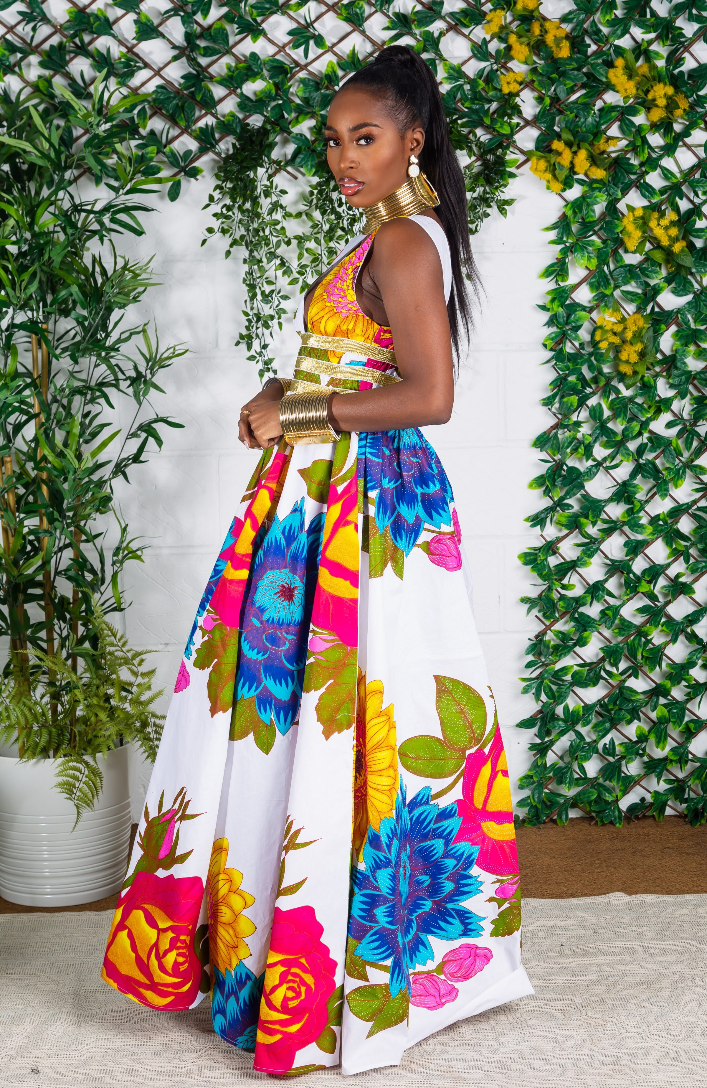 African Print Plunge Neckline Maxi Dress - THALIA