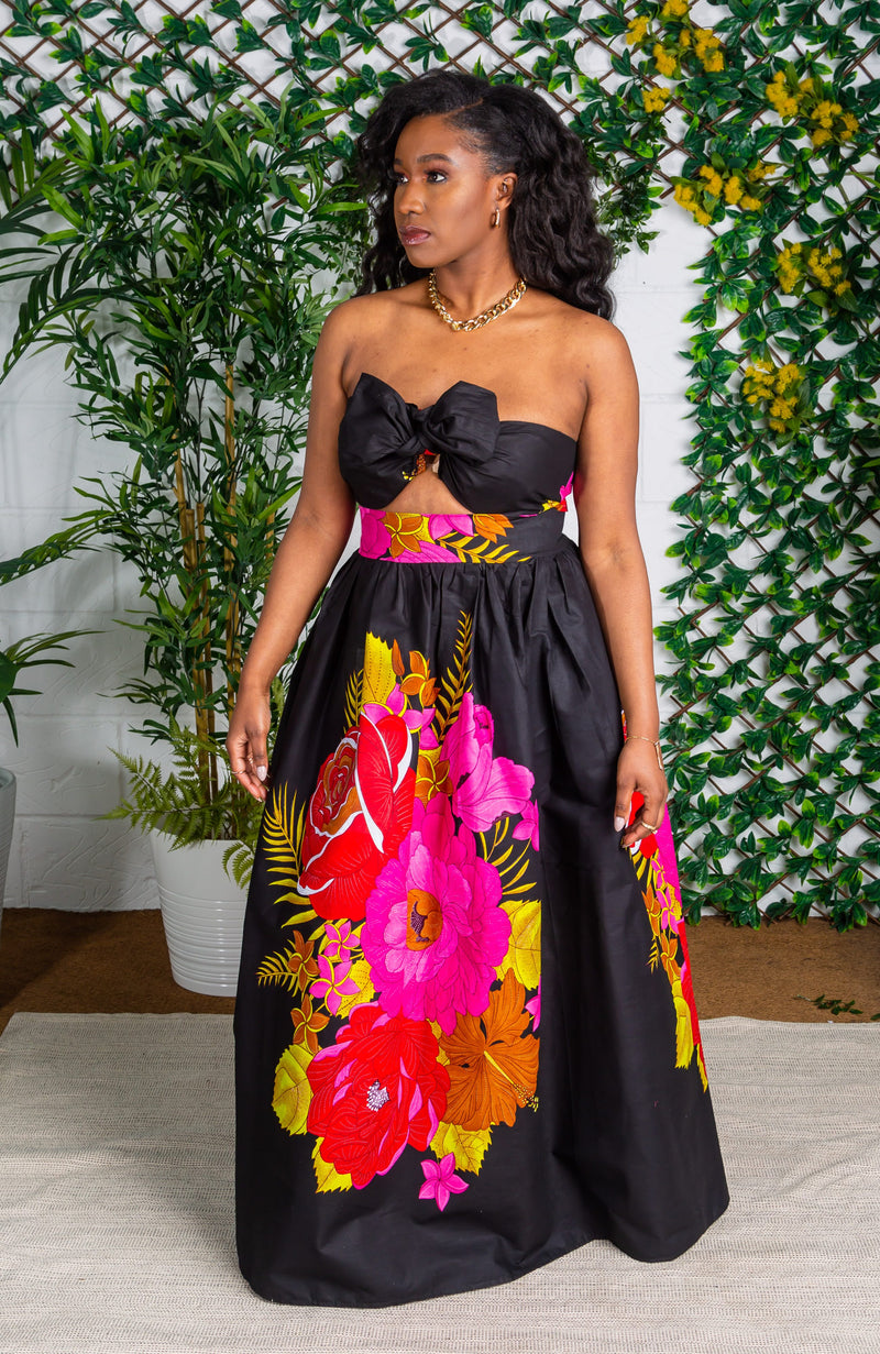 Beautiful Ankara Floral Maxi Black Skirt and Scarf - KISHA