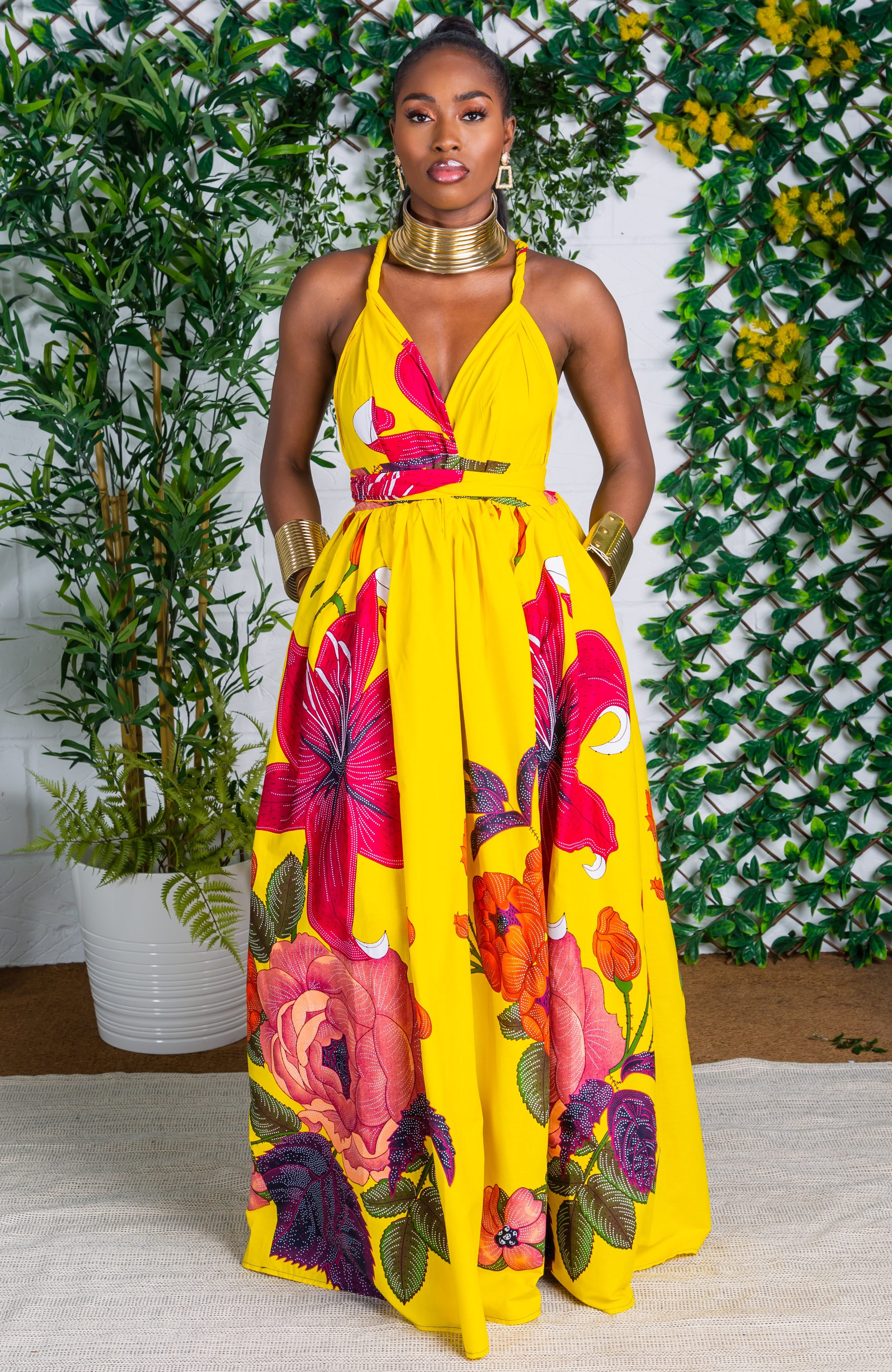 African Print Yellow Infinity Multiway Maxi Dress - CARLA