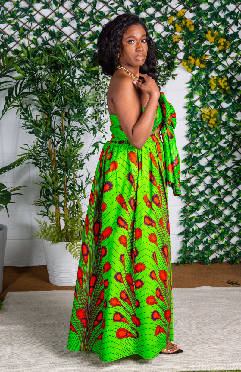 African Print Maxi Skirt with Long Slit and Scarf - ARABELLA