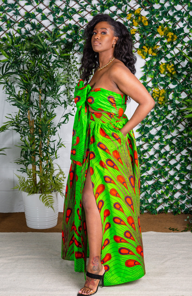 African Print Maxi Skirt with Long Slit and Scarf - ARABELLA