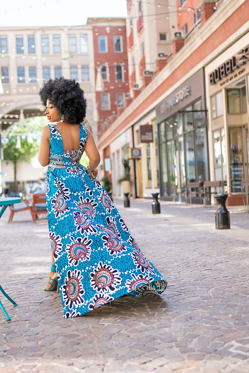 Ankara Wax Print Deep V Neck Maxi Dress with Waist Bands - GEMMA