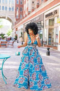Ankara Wax Print Deep V Neck Maxi Dress with Waist Bands - GEMMA