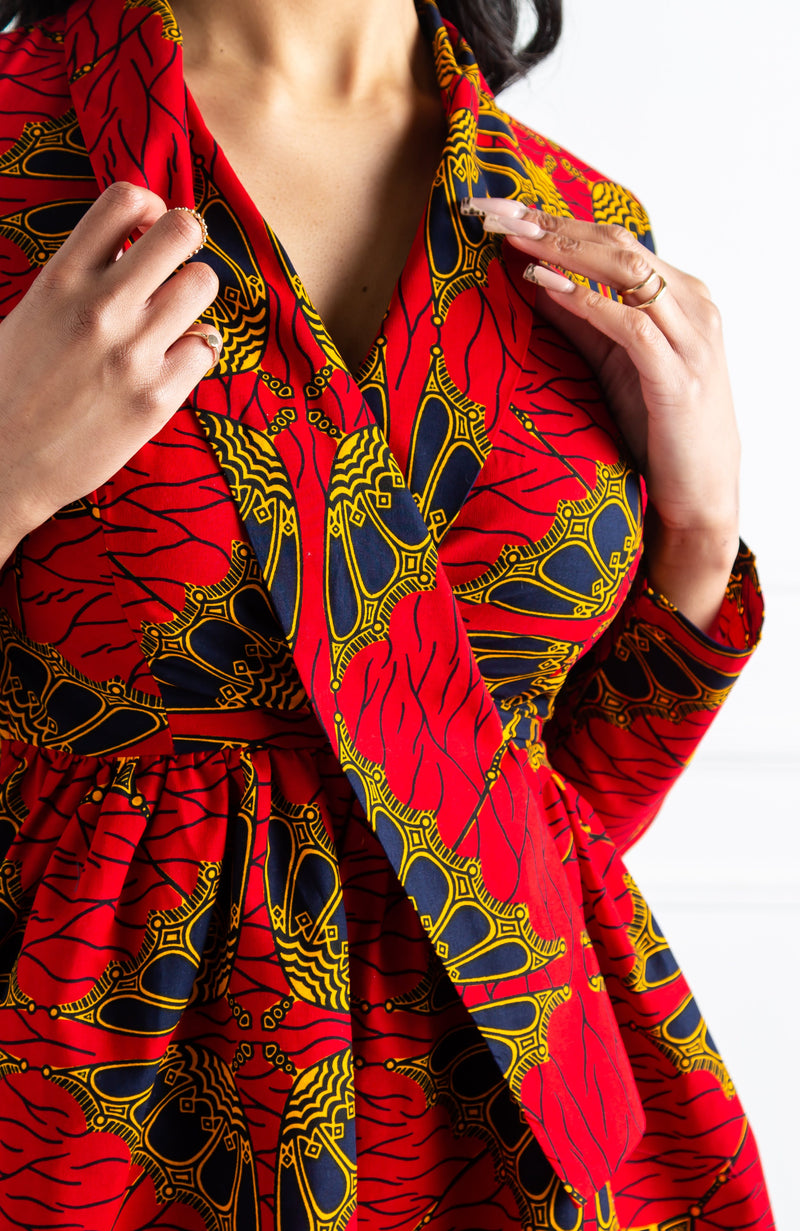 Red African Wax Shawl Collar Fit and Flare Wrap Dress - CORDELIA LAVIYE Red African Wax Shawl Collar Fit and Flare Wrap Dress - CORDELIA LAVIYE