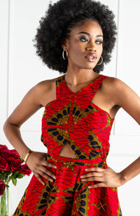 Red Ankara Cross Front Mini Length Dress - CORDELIA