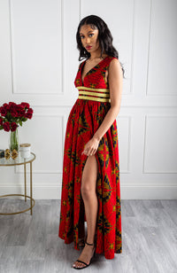 Red Ankara Plunge Neckline Maxi Dress - CORDELIA