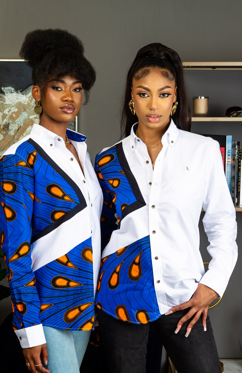 Unisex Ankara Boyfriend Shirt | African Shirt White Button Down Asymmetric Shirt - ELLA