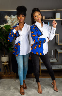 Unisex Ankara Boyfriend Shirt | African Shirt White Button Down Asymmetric Shirt - ELLA