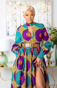 African Print Deep V Turtleneck Maxi Dress - PETRA