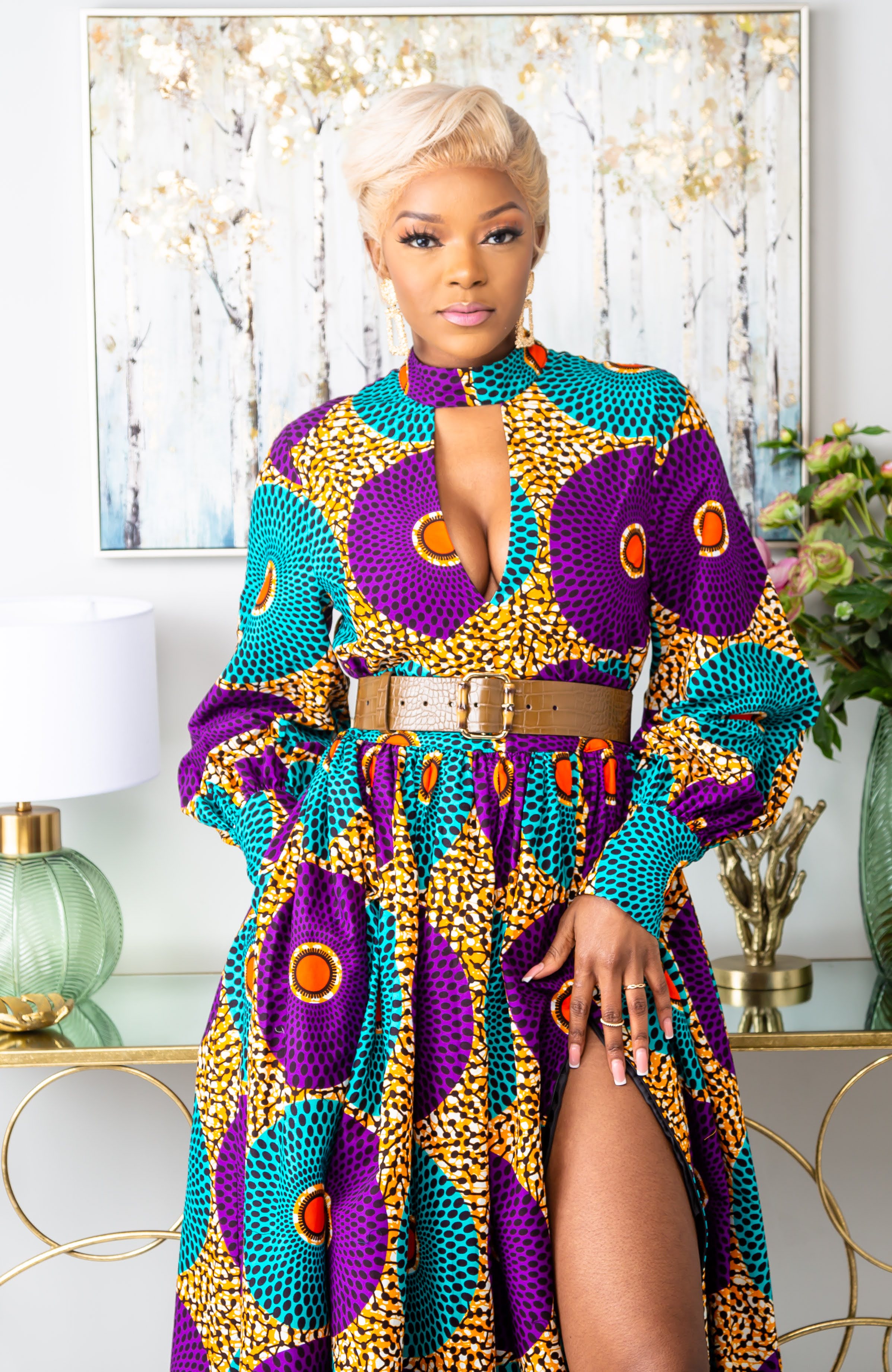 African Print Deep V Turtleneck Maxi Dress - PETRA