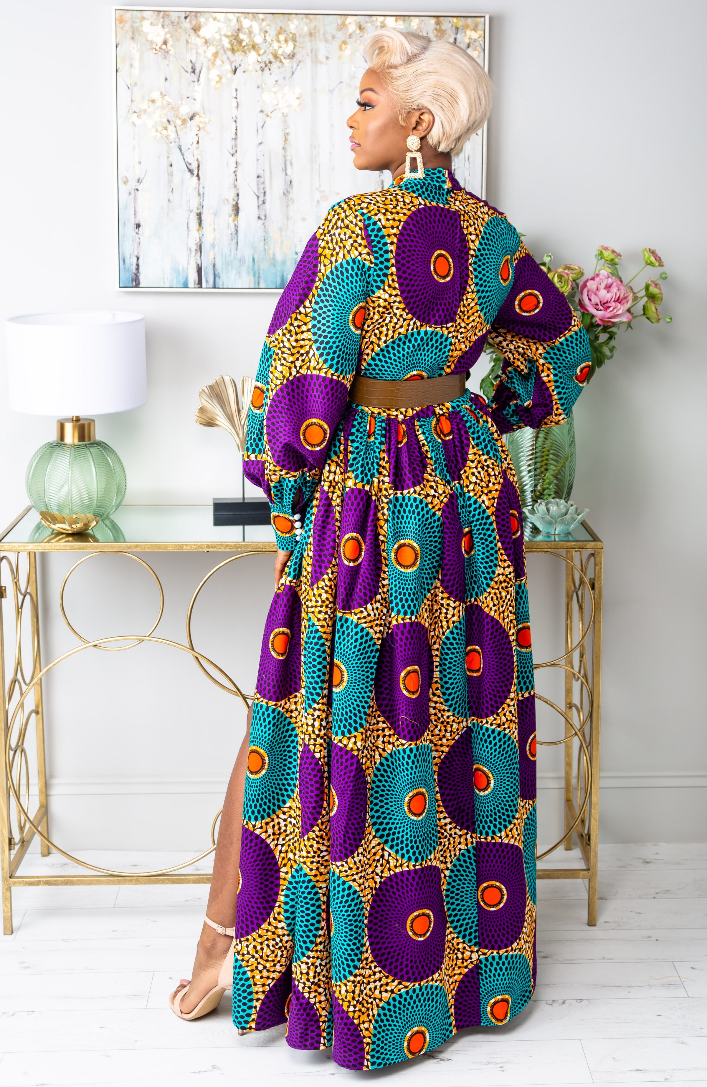 African Print Deep V Turtleneck Maxi Dress - PETRA
