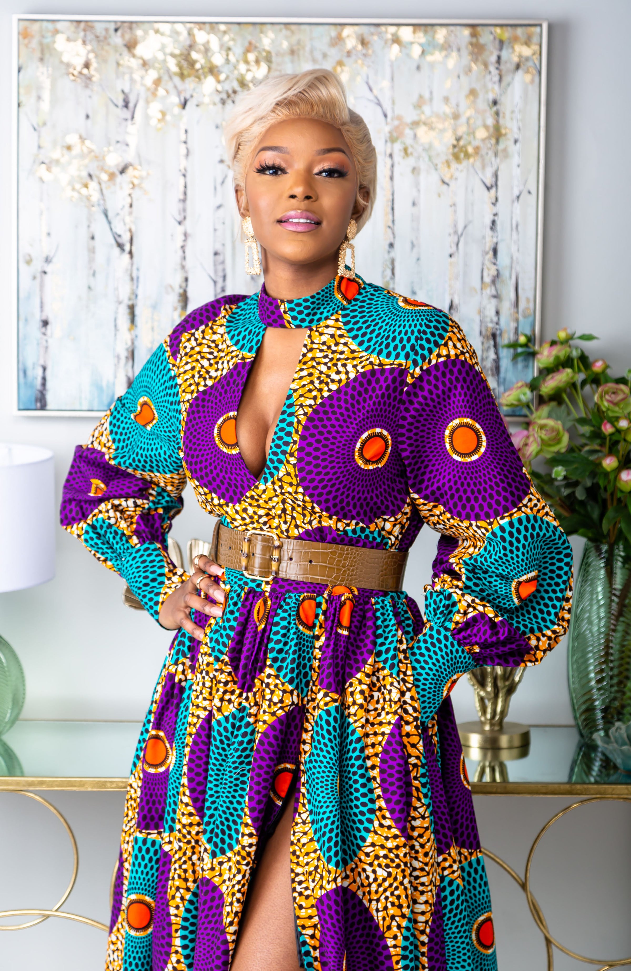 African Print Deep V Turtleneck Maxi Dress - PETRA